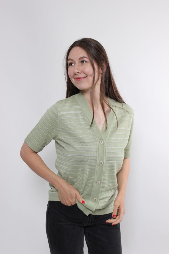 Vintage Sage Green Pointelle Knit Cardigan, Short Sleeve Button Sweater, Cottagecore Style