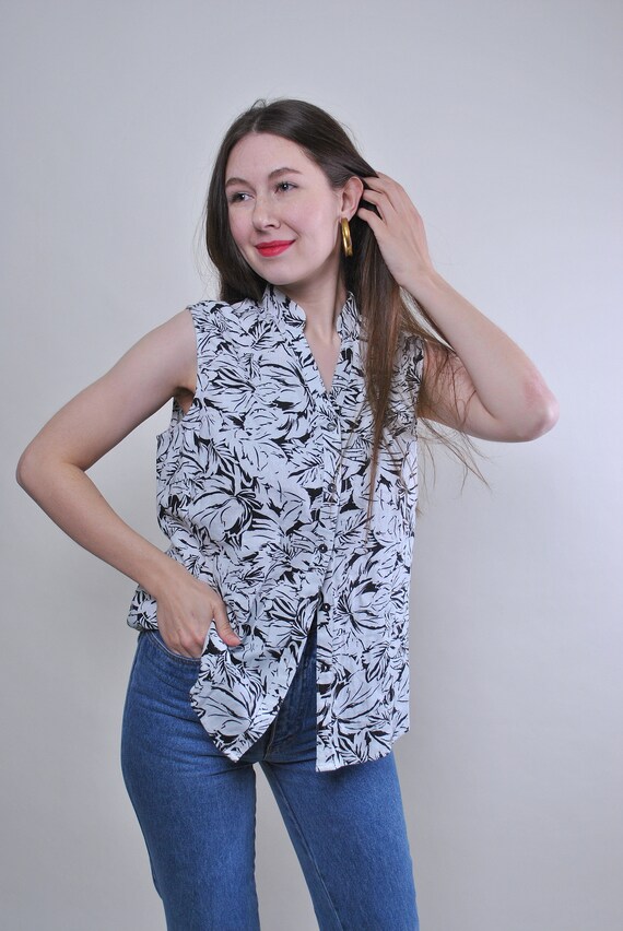 Black White Tropical Print Sleeveless Blouse 90s Bold Botanical Button-Up L