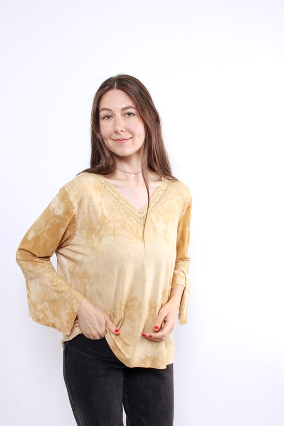 90s beige boho blouse, vintage viscose blend top with flared sleeves, Size L