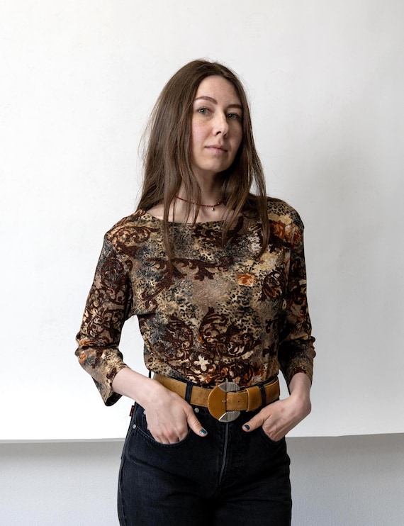 90s Brown Tapestry Print Top Vintage Baroque Leopard Velour Boat Neck Blouse Size M