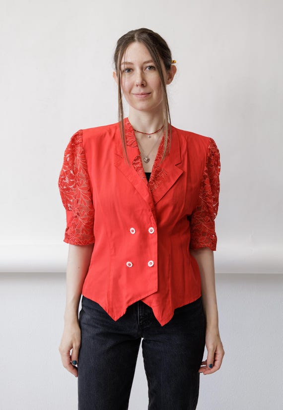 80s Red Lace Puff Sleeve Blouse Vintage Double Breasted Romantic Fitted Evening Top Medium
