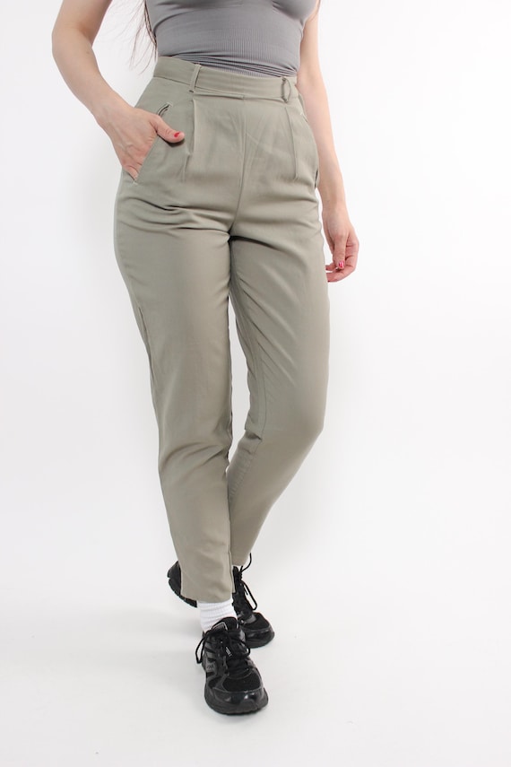 90s Sage Green Trousers Vintage High Waist Pleated Tapered Pants Size S