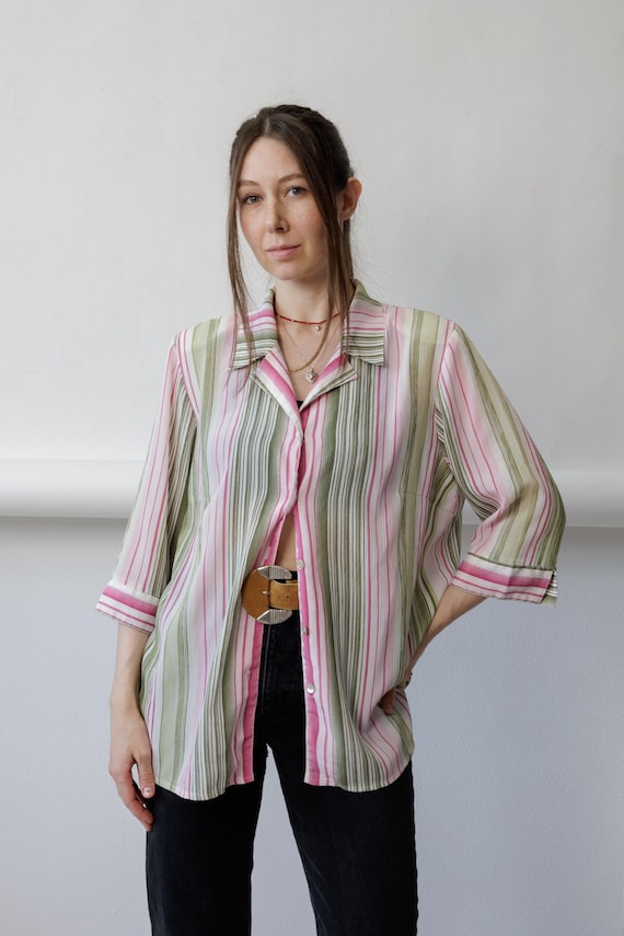 90s pink and green striped blouse watercolor stripe camp collar shirt, size Large