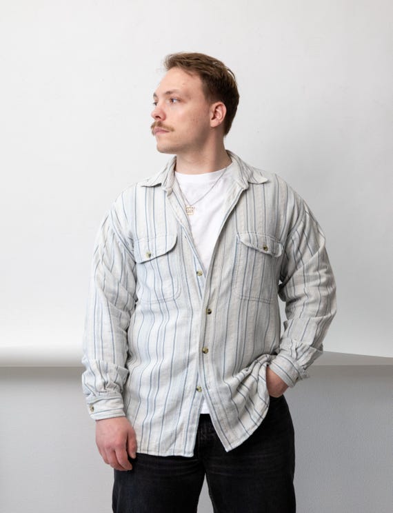 Striped Textured Shirt 90s Cotton Overshirt Mens Vintage Two Pocket Shacket  Size M