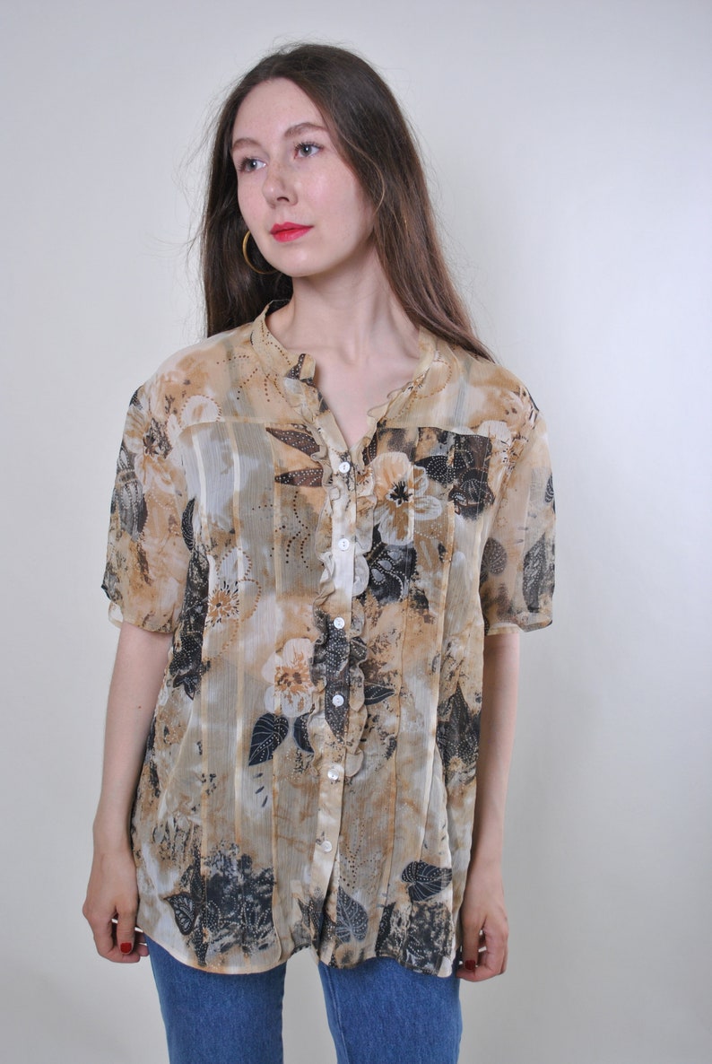 Women vintage beige floral print summer short sleeve blouse Size XL