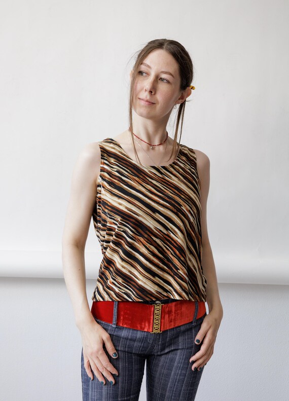 90s Tiger Stripe Tank Top Vintage Brushstroke Diagonal Animal Print Stretch Vest Size M