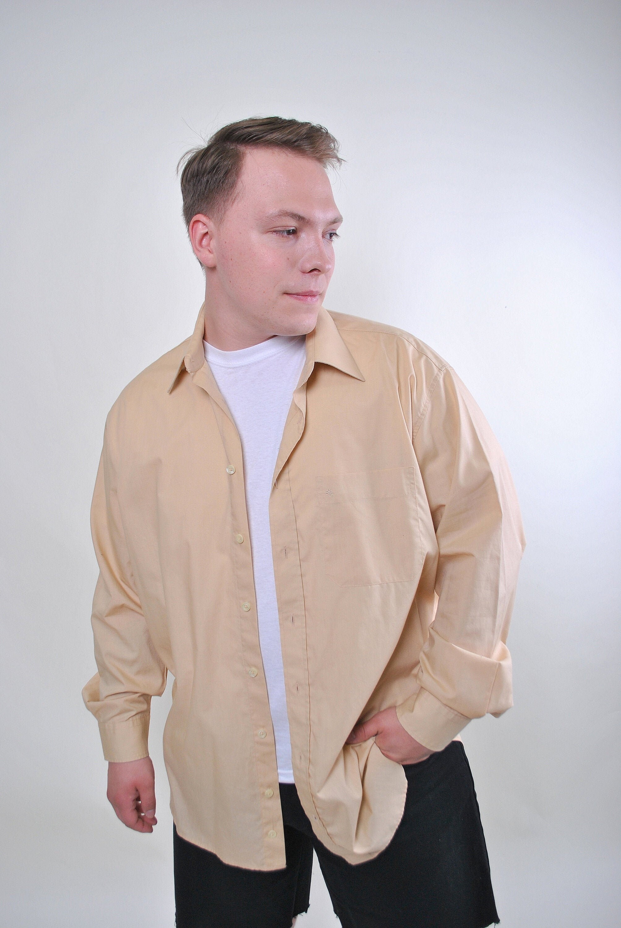 Vintage Men Beige Long Sleeve Minimalist Shirt Size XL - Etsy