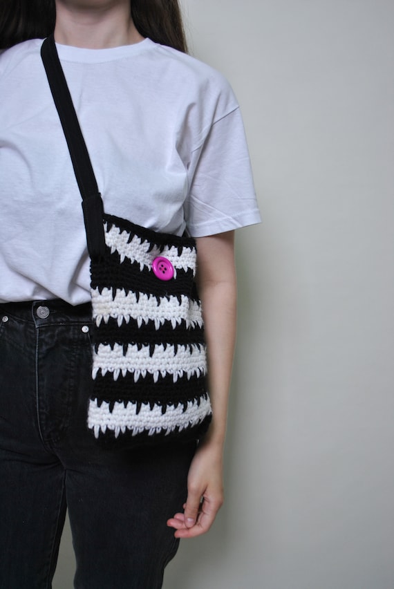 Y2k knitted tote bag, 00s striped print cutes shoulder bag