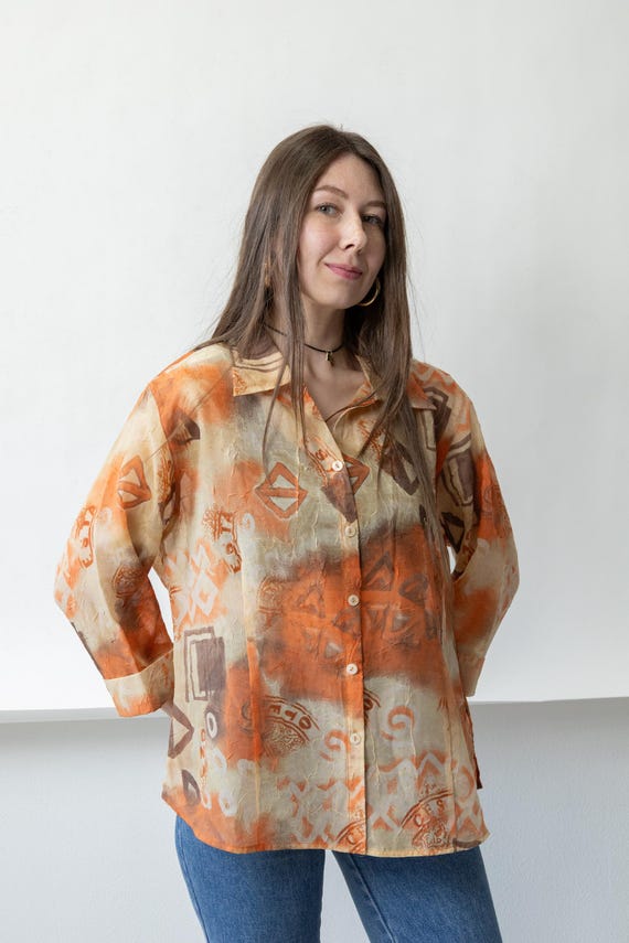 90s Orange Brown Abstract Print Blouse Vintage Sheer Tribal Geometric Button Up Size L