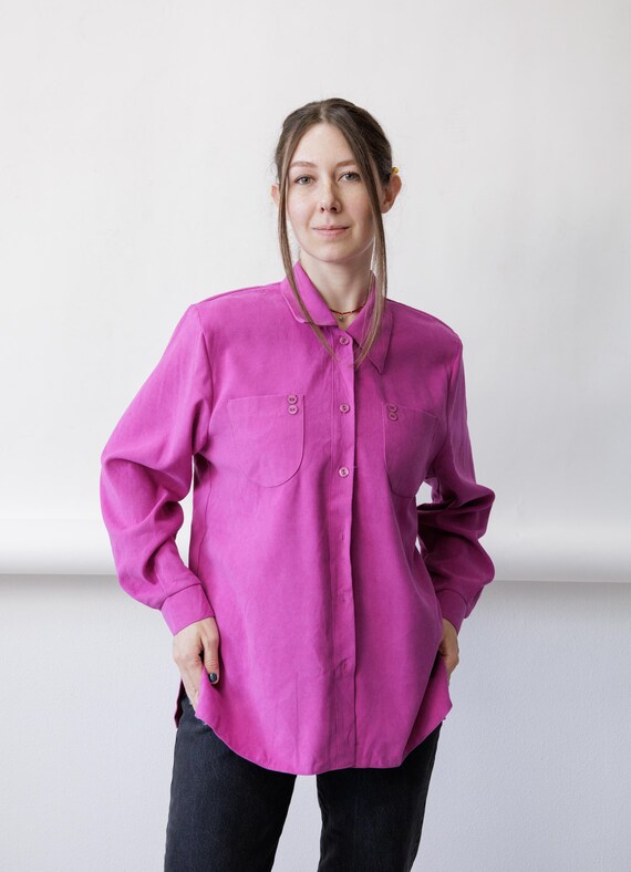 90s Fuchsia Pink Button Up Shirt Vintage Brushed Twill Power Dressing Blouse Size L