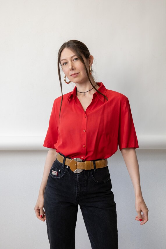 90s Cherry Red Blouse Vintage Silky Camp Collar Boxy Short Sleeve Shirt Size L