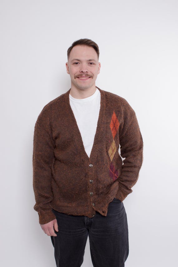Vintage 90s Cardigan, Brown Multicolor Button Front Winter Knit Sweater, Size M