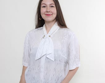 90s Abstract Print Bow Tie Blouse: Vintage White Polyester Top, Size M