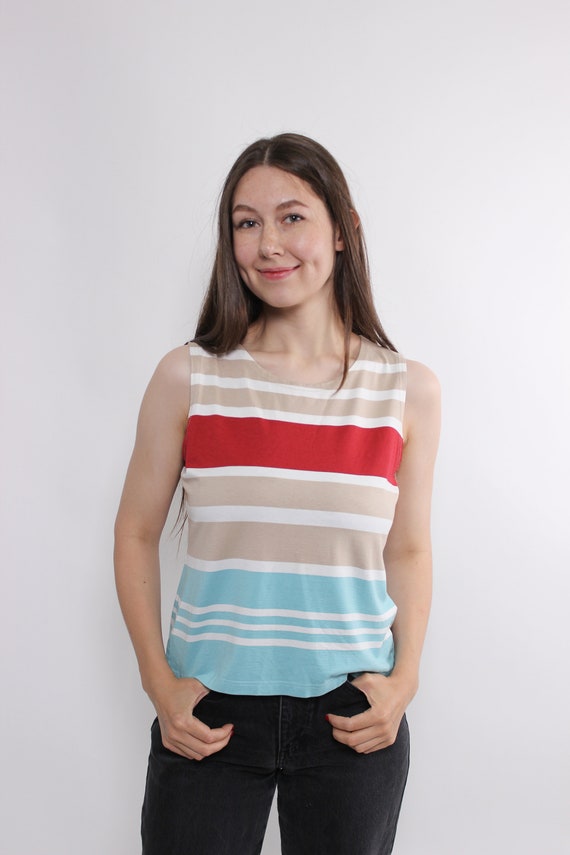 Vintage 90s striped top, minimalist causal tee, multicolor crop t-shirt, Size L