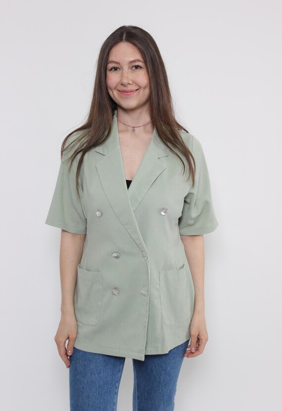 Vintage Sage Green Double Breasted Blazer Short Sleeve Pearl Buttons M