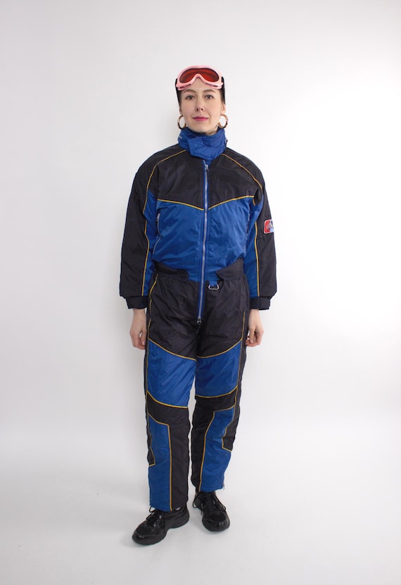Vintage 90s Blue Black One Piece Ski Suit, Women Snowsuit Retro, Size M