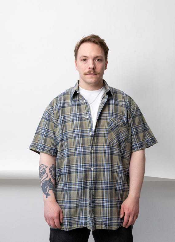 Vintage Olive Plaid Short Sleeve Shirt Unisex Size L