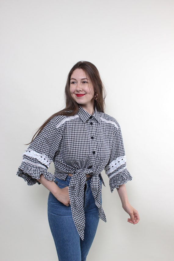 Vintage 90s ethnic blouse, plaid lace blouse, but… - image 5