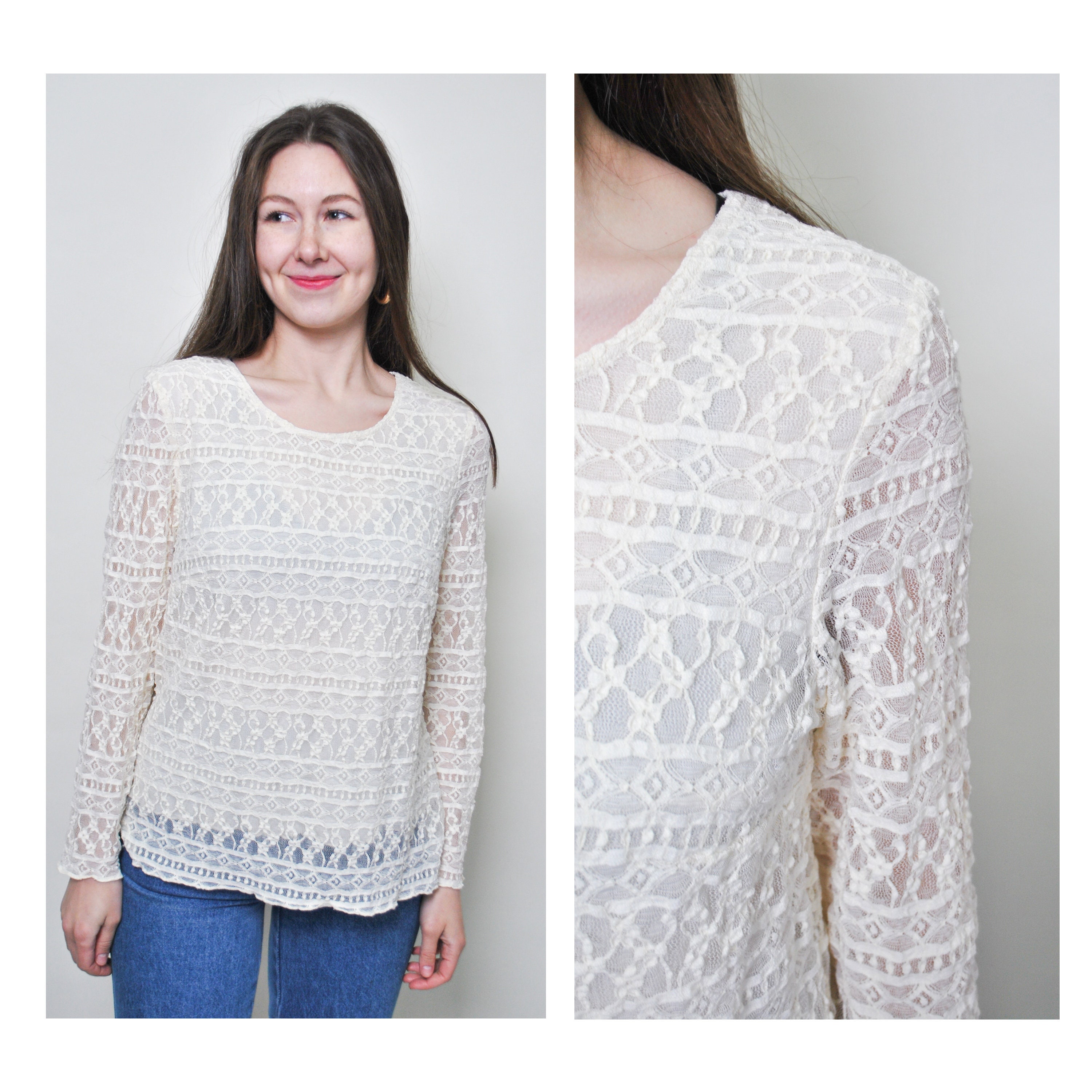 Beige Lace Blouse 90s Cute Wedding 