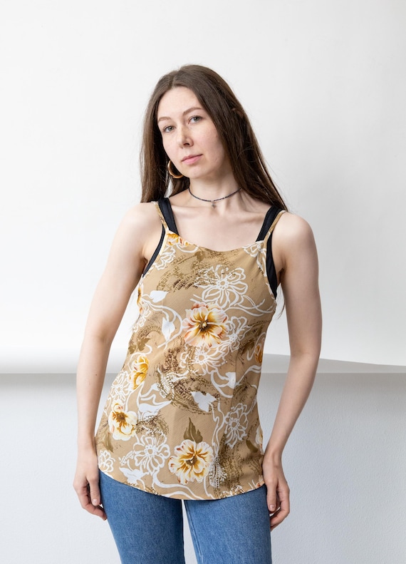 Y2K Tan Watercolor Floral Tank Top Vintage Long Cami Boho Tunic Top Size M