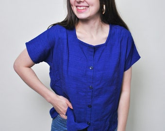90s button front textured minimalist blouse in blue, vintage summer casual blouse, Size M