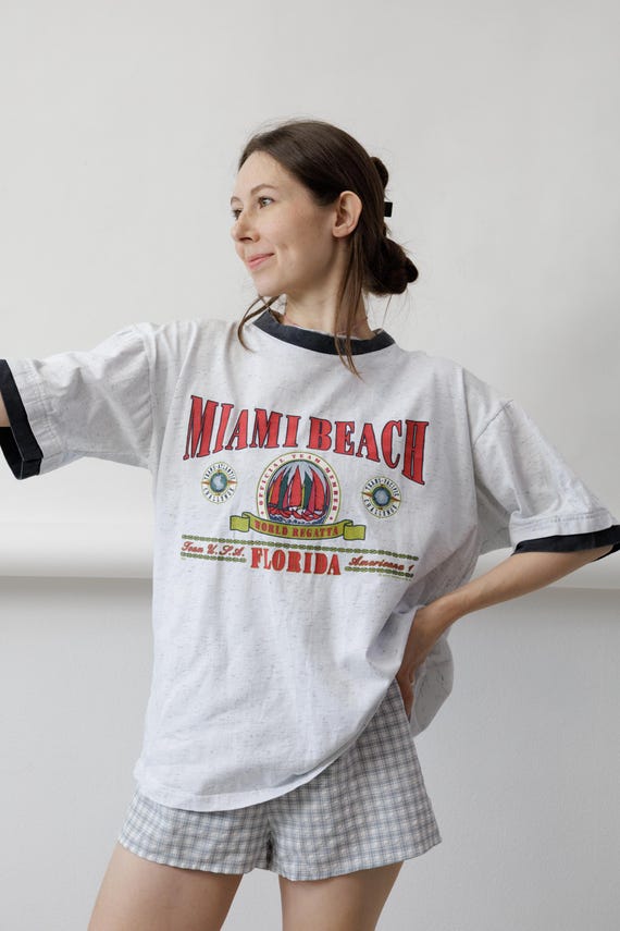 90s Miami Beach Florida Regatta Tee Speckled Ringer Neck Sailing XL