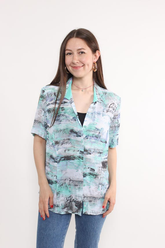 90s Mint Abstract Print Blouse Vintage Watercolor Short Sleeve Button Up Shirt Size M