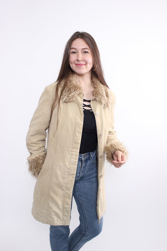 Vintage 90s Penny Lane Coat, Faux Fur Trim Overcoat, Boho Afghan Style Jacket
