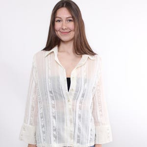 90s beige sheer blouse, vintage transparent striped blouse, Size XXL