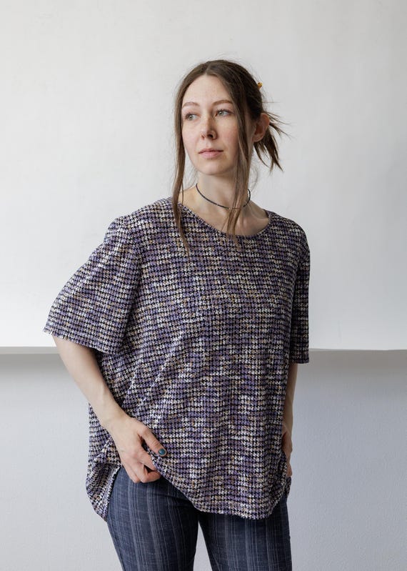 90s Multicolor Check Pleated Top Vintage Purple Lavender Boxy Boat Neck Swing Blouse L