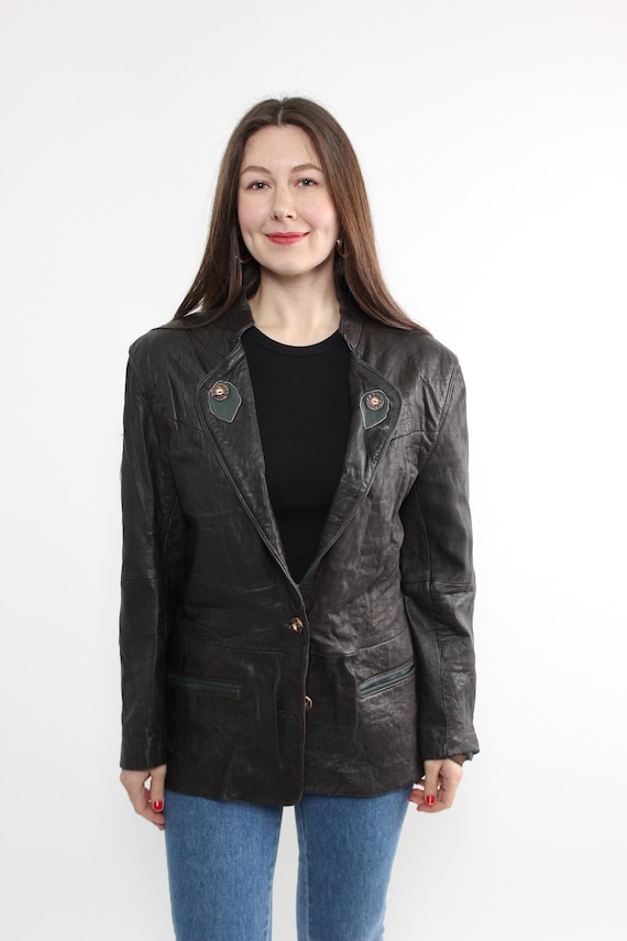 Vintage 90s Leather Blazer Medium, Brown Black Leather Jacket Women, Tailored Coat, Size M
