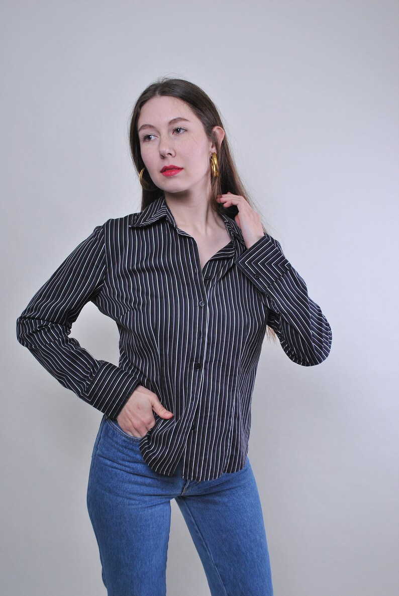 Vintage formal suit striped black blouse Size M