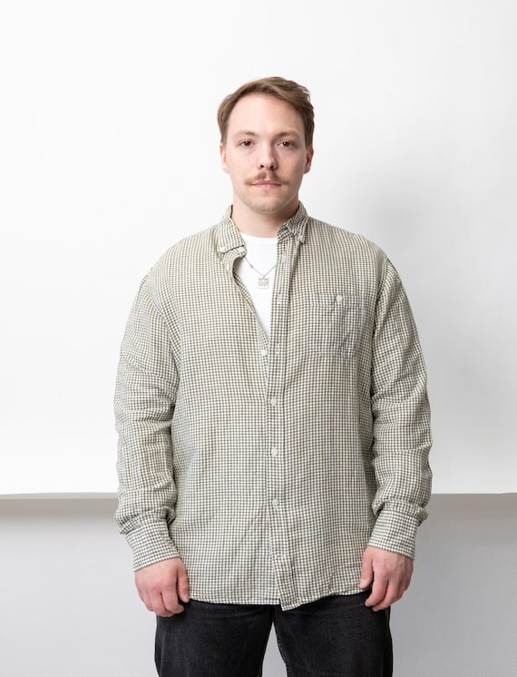 90s Green Gingham Shirt Vintage Long Sleeve Cotton Button Down Check Relaxed Size L