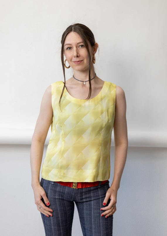 90s Butter Yellow Satin Tank Vintage Tonal Diamond Check Shell Top Size M