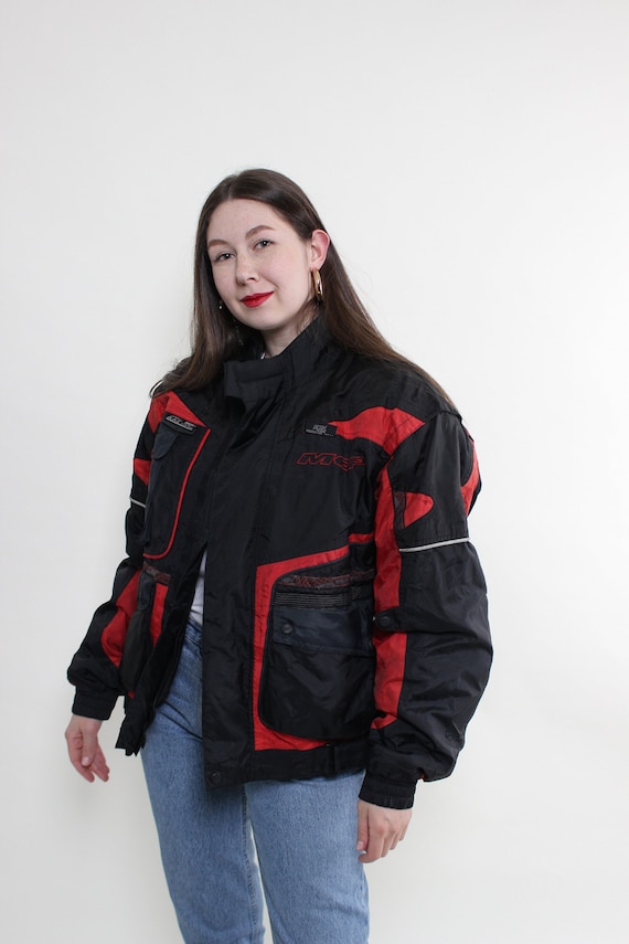 90s Black Red Motorcycle Jacket Vintage Padded Nylon Racing Biker Jacket Size L
