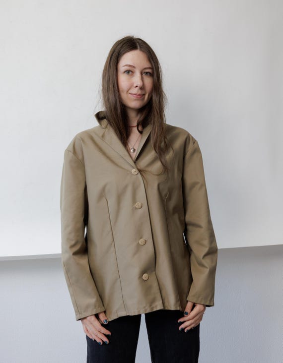 90s Khaki Cotton Chore Jacket Buttons Oversized Minimalist Workwear Blazer L