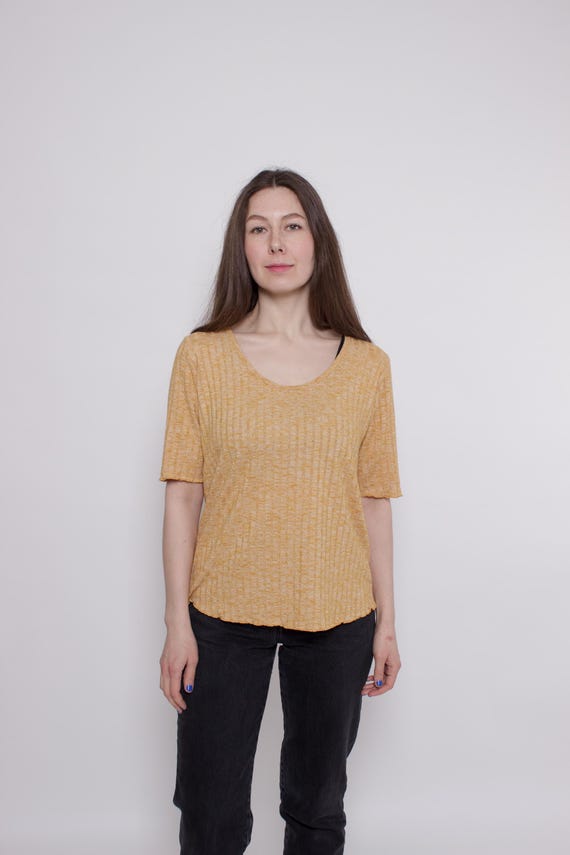 Vintage Ribbed Knit Blouse Large Mustard Yellow Top 90s Minimalist T Shirt
