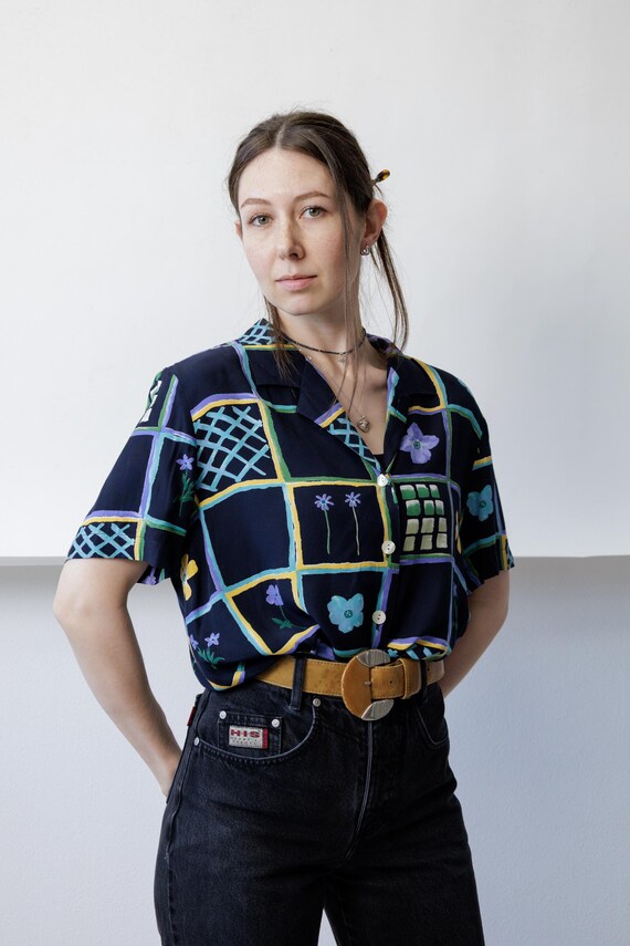 90s Navy Hand Painted Floral Grid Print Shirt Boxy Camp Collar Viscose Blouse L
