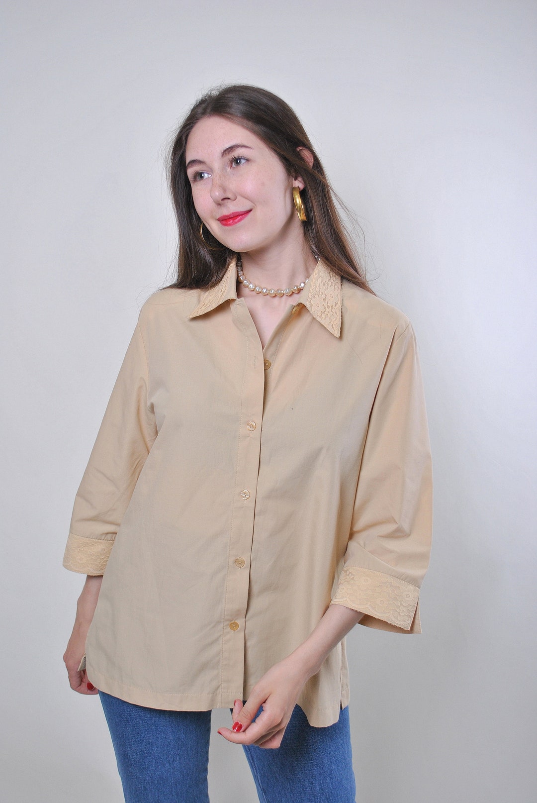 Vintage Beige Quarter Sleeve Blouse With Lace Collar, Size L - Etsy