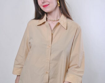90s minimalist blouse, Vintage beige quarter sleeve blouse with lace collar, Size L