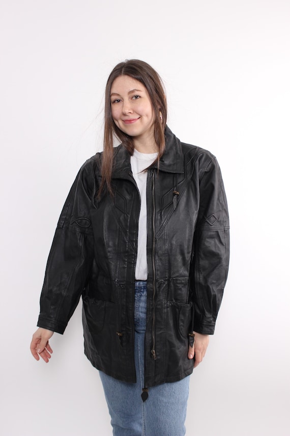 Vintage 90s Black Leather Coat, Long Leather Jacket Women Oversized, Size L