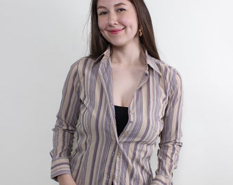 90s casual striped blouse, vintage beige button up long sleeve blouse, Size M