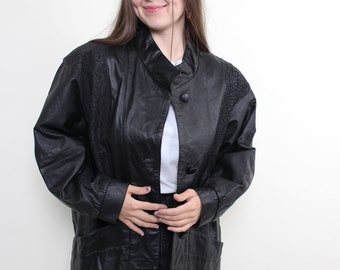 90s black leather trench jacket, vintage leather trench coat, Size L