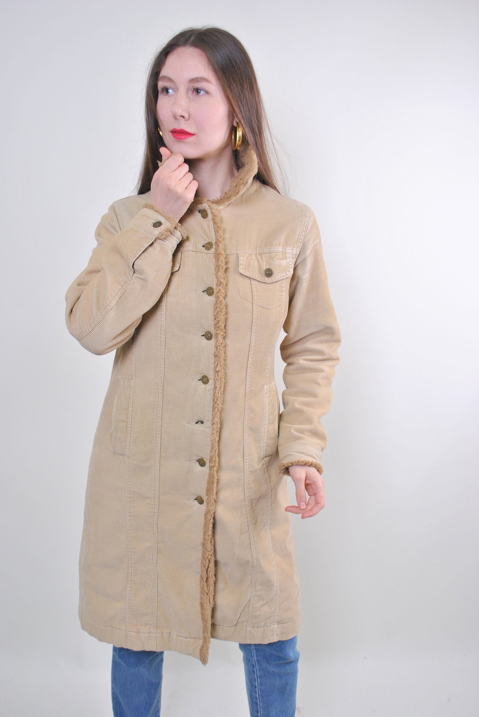 Women Retro Beige Corduroy Long Autumn Coat Jacket Size M Etsy