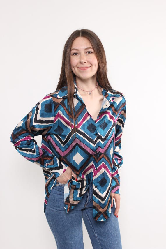80s Geometric Print Blouse Vintage Teal Magenta Aztec Diamond Satin Button Up Top