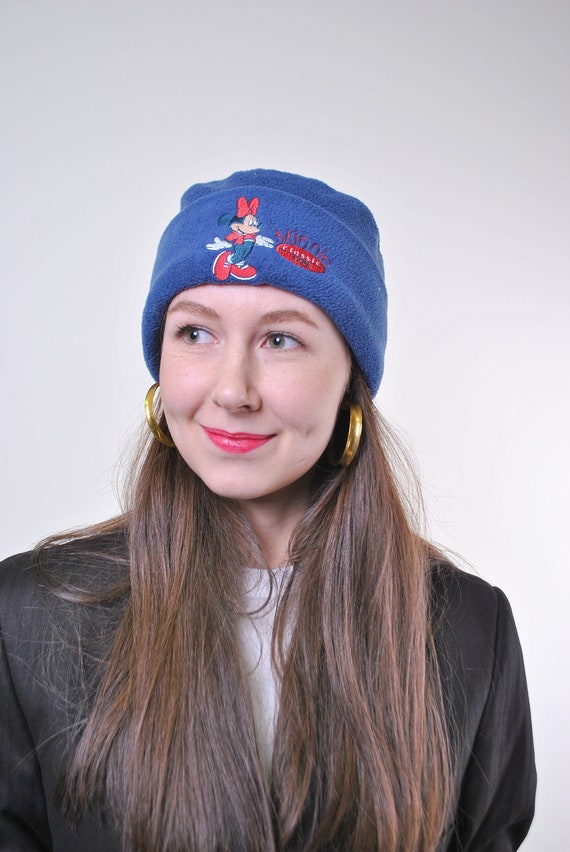 90s Minnie Mouse fleece winter hat, vintage blue color funky cartoon embroidery Beanie hat