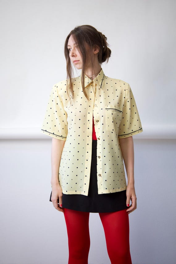 Vintage Yellow Polka Dot Blouse Short Sleeve Size M
