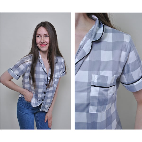 Vintage karierte Bluse, Karohemd im 50er-Jahre-Stil, Damen-Retro-gemusterte graue Kurzarmbluse aus den 90er-Jahren, lässige Sommerbluse für Jeans, Größe S