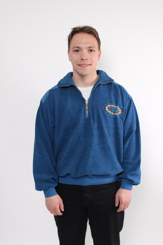 90s athletic fleece sweatshirt, vintage embroidered oversized fleece jumper in blue, Size L