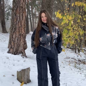 Black ski suit vintage, one piece snowsuit MEDIUM size 80s patterned funky winter overall
